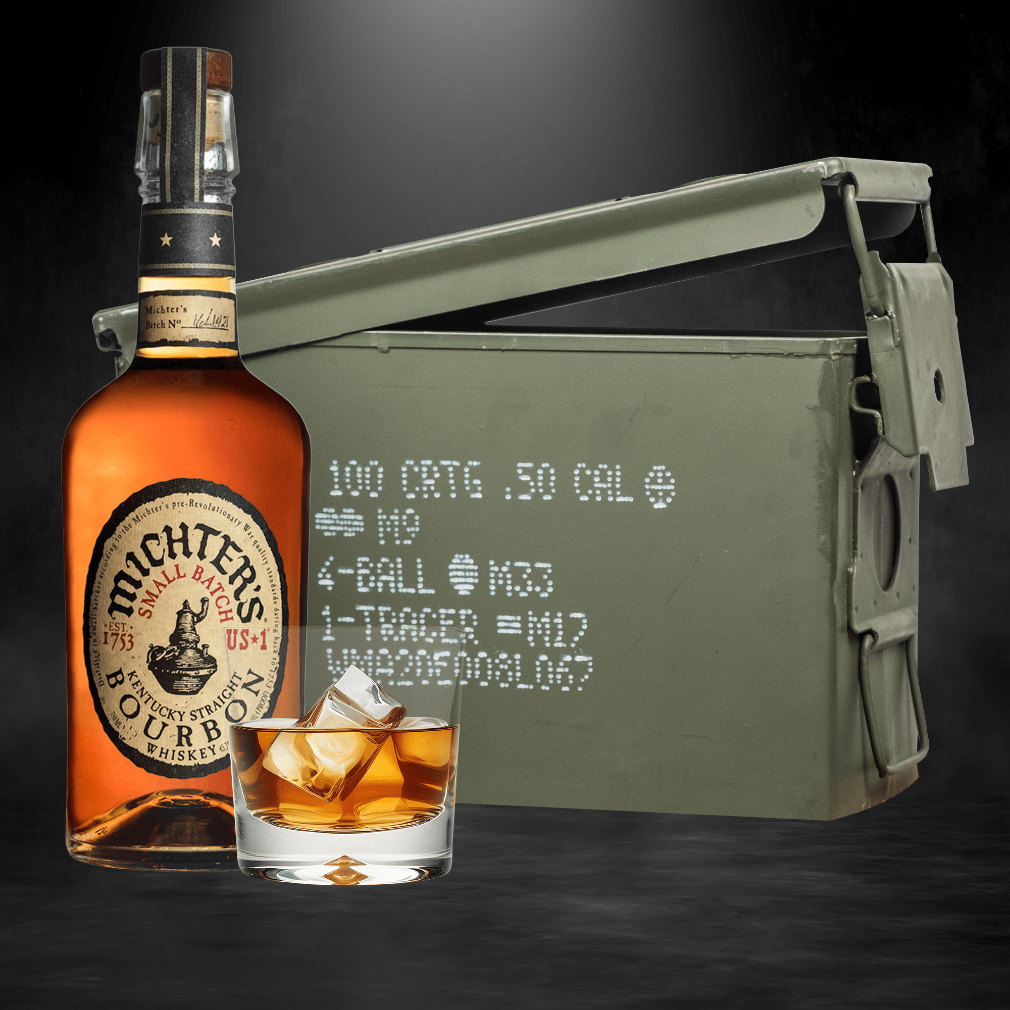 Michter’s US*1 Bourbon bottle inside authentic ammo can gift set